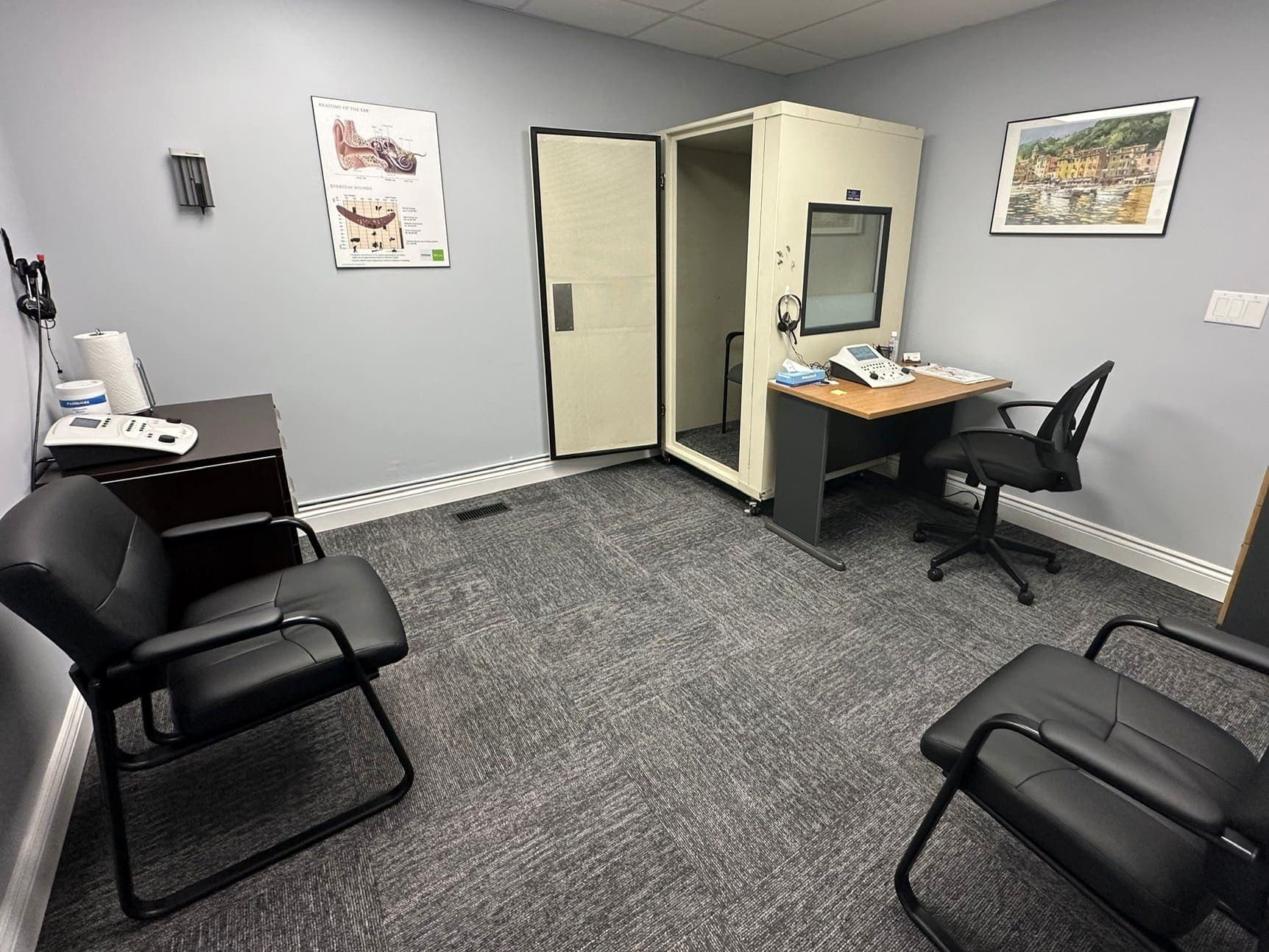 Hearing assessment room with sound booth and audiometer at Sense of Hearing Port Credit