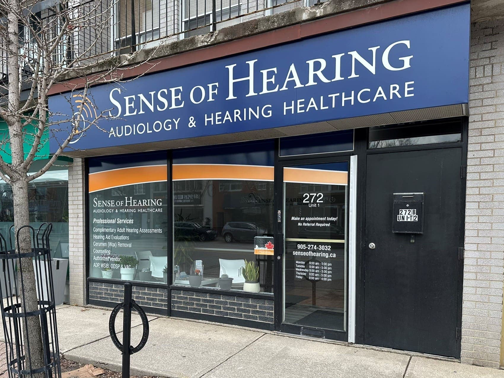Exterior storefront of the Sense of Hearing Port Credit clinic at 272 Lakeshore Road East